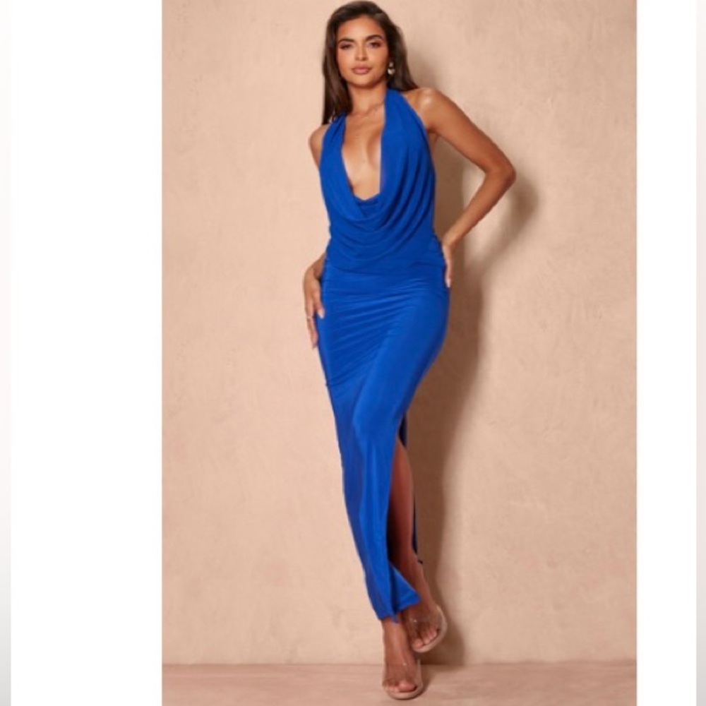 Blue body con dress -  Cobalt Mesh Extreme Cowl Neck Maxi Dress